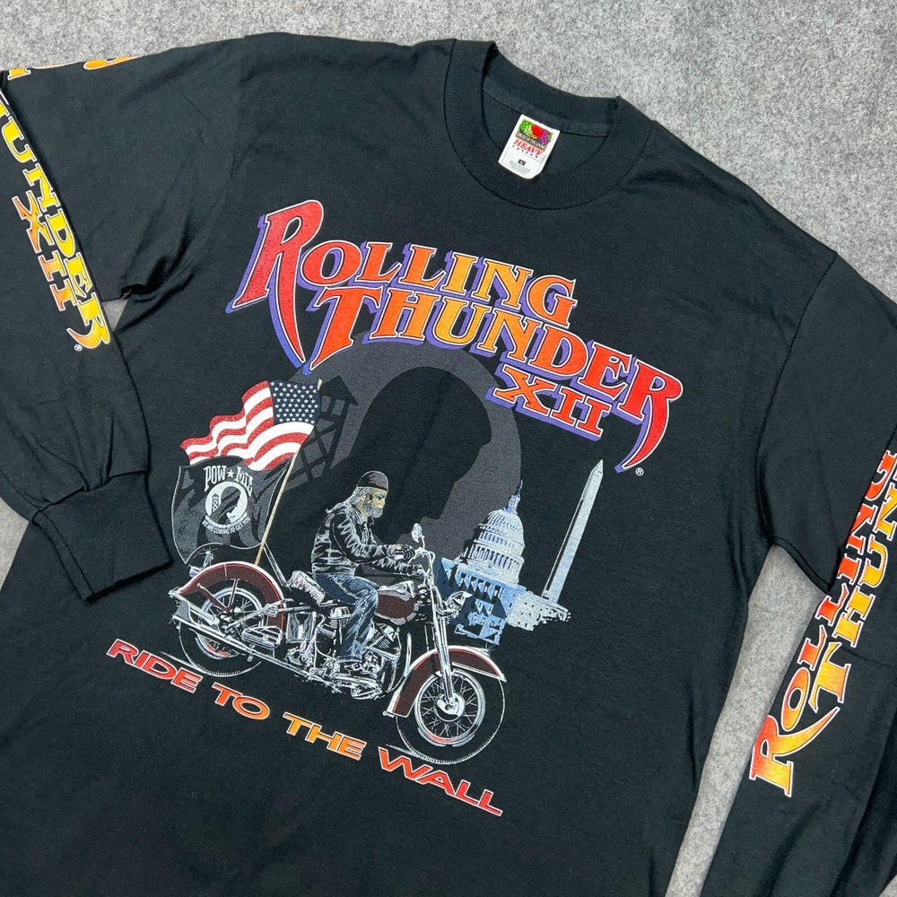 VTG Rolling Thunder Shirt Mens Large Black Long Sleeve Motorcycle XII 90s Tee DC